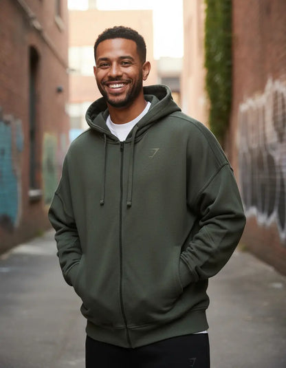 Hoodie Power Oversize con Cierre - Verde Olivo