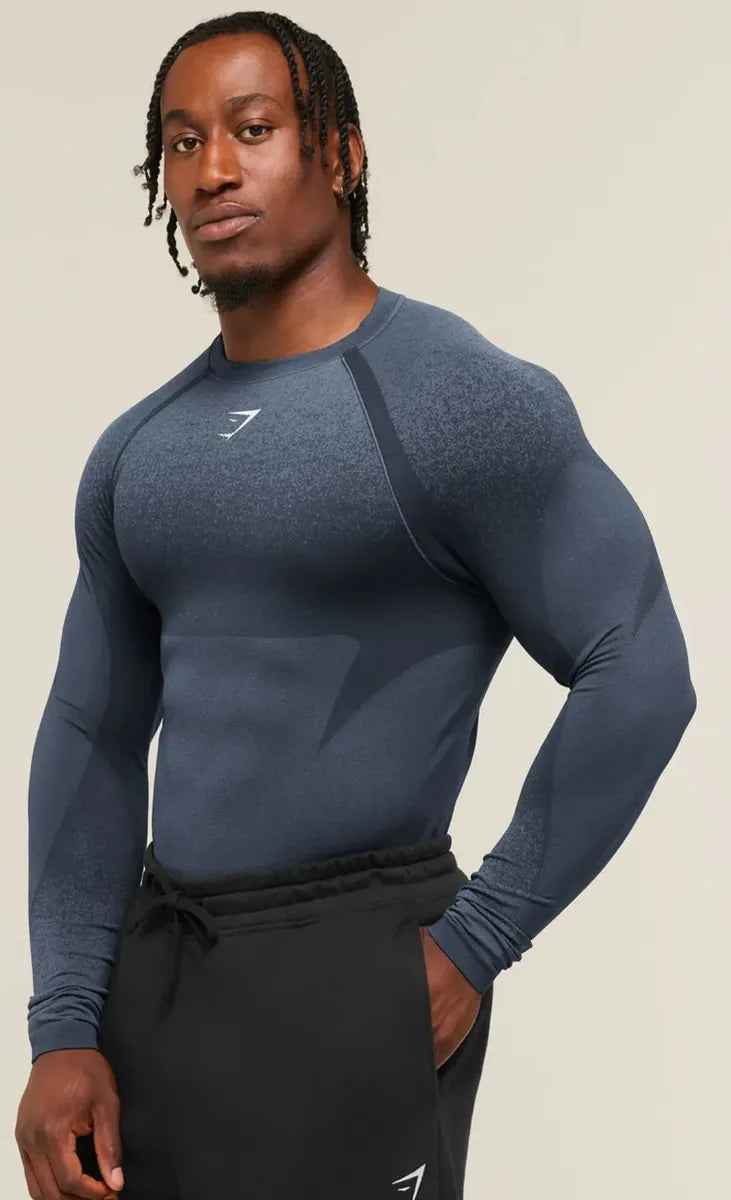 Playera Shadow Seamless Manga Larga Slim Fit - Azul
