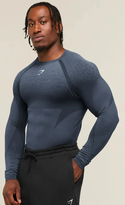 Playera Shadow Seamless Manga Larga Slim Fit - Azul