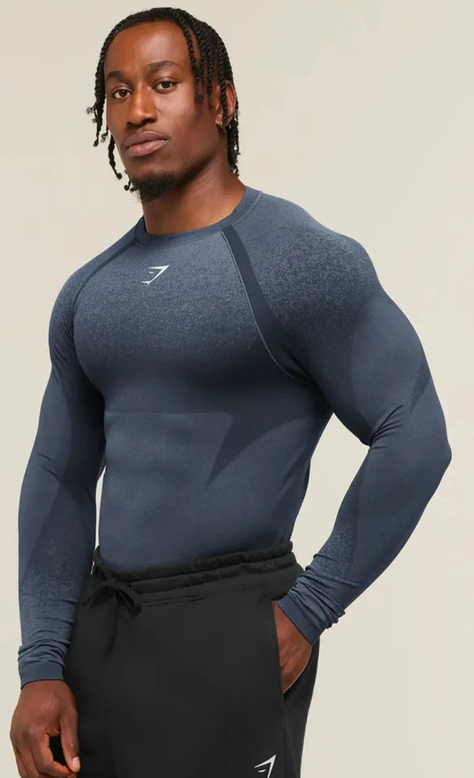 Playera Shadow Seamless Manga Larga Slim Fit - Azul