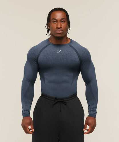 Playera Shadow Seamless Manga Larga Slim Fit - Azul
