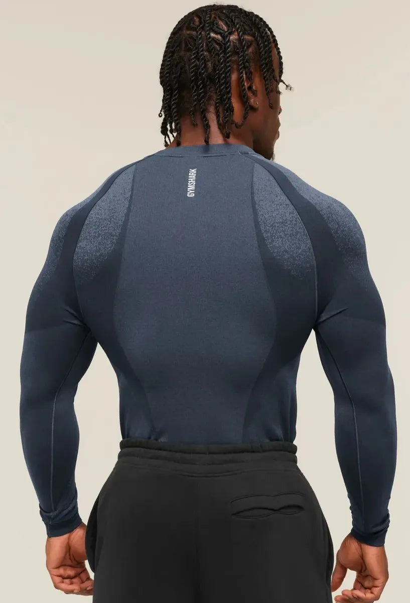 Playera Shadow Seamless Manga Larga Slim Fit - Azul