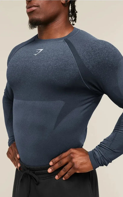 Playera Shadow Seamless Manga Larga Slim Fit - Azul